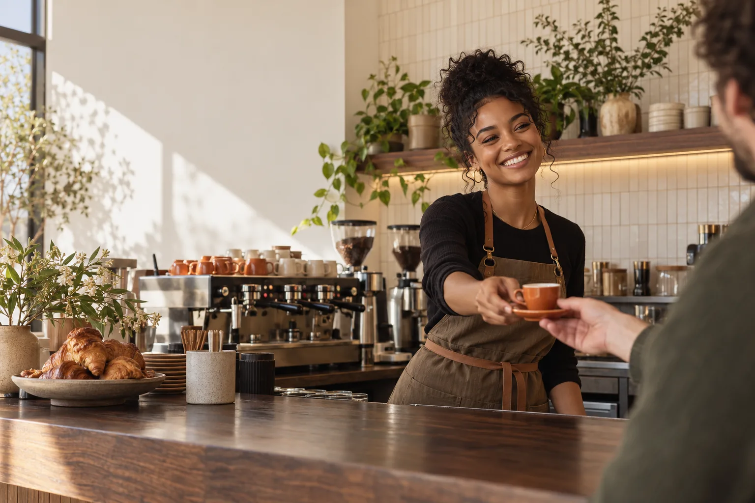 Barista serving a customer at Daybreak Coffee concept café