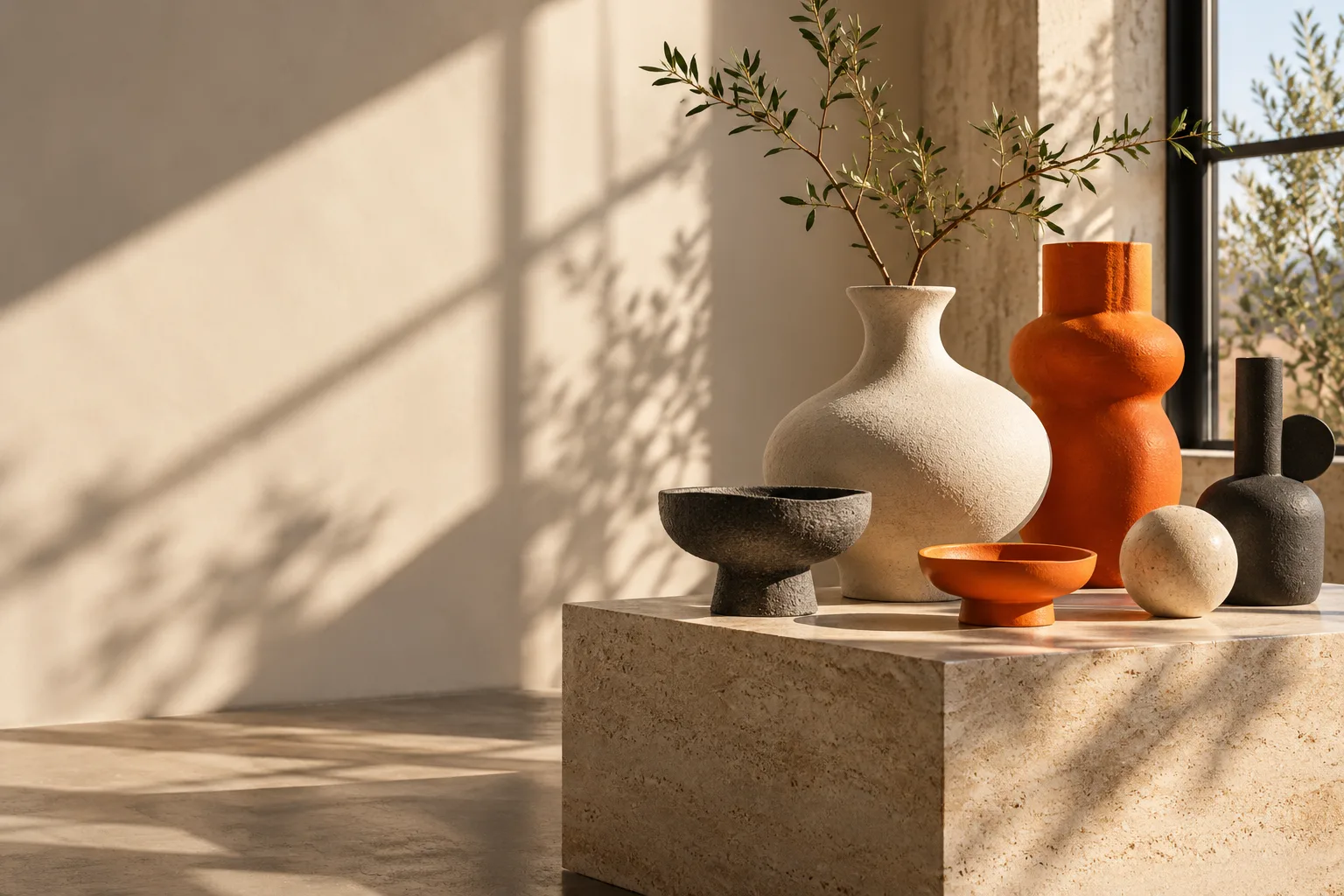 Sculptural ceramic vases and bowls in a sunlit studio